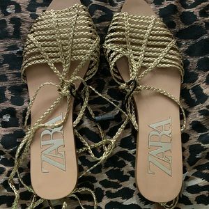 Zara Gold Tie-Up Flat Sandals